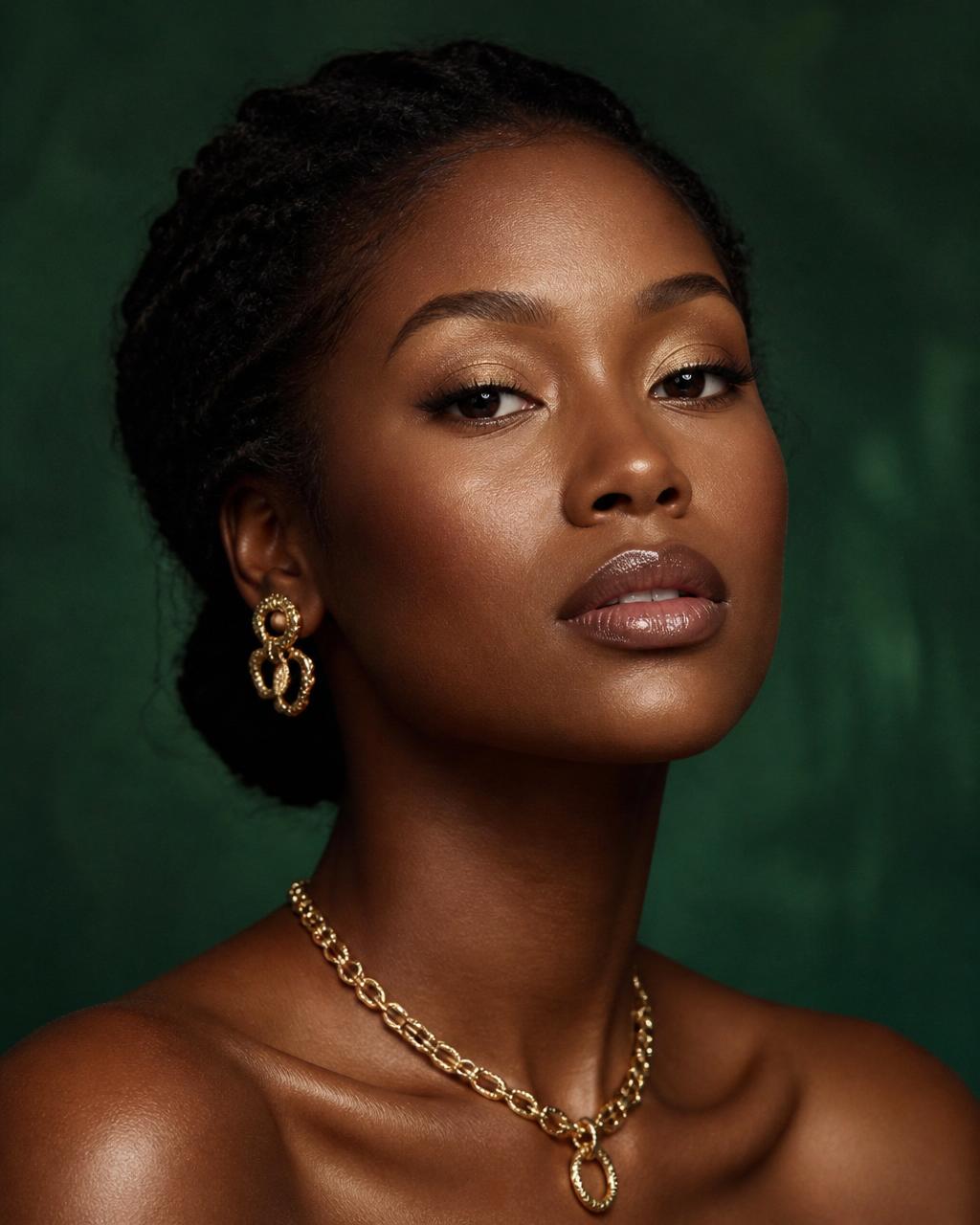 Black woman with soft glam makeup and glossy nude lip, editorial portrait