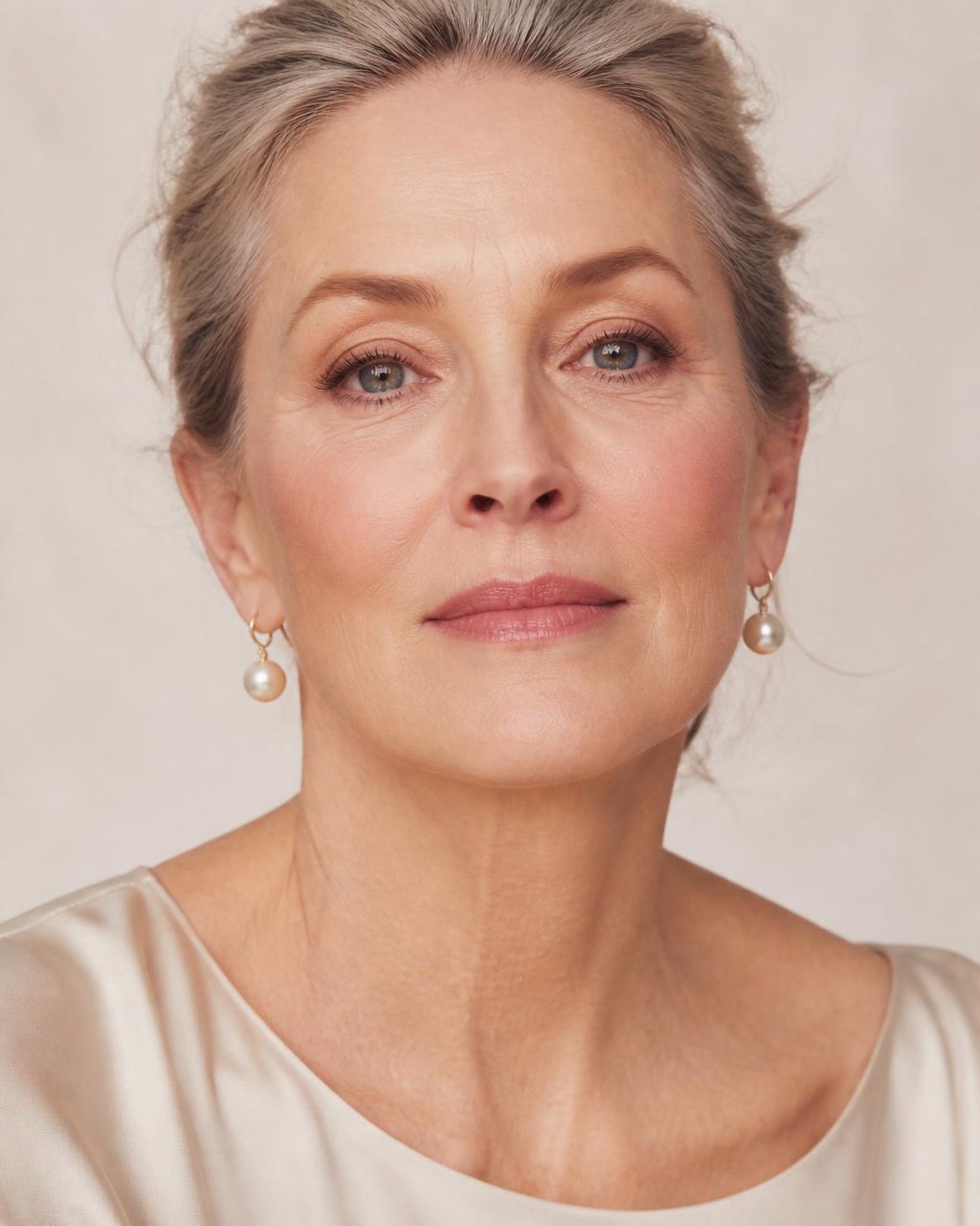 White woman celebrating mature beauty with luminous skin, editorial portrait
