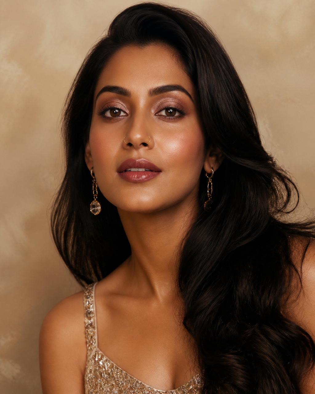 South Asian woman with soft glam rose-gold eyes, editorial portrait